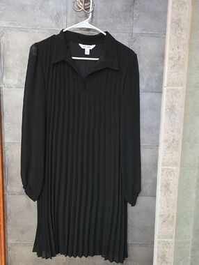 Nine West Black Pleated Long Sleeve Dress with Collar NWT